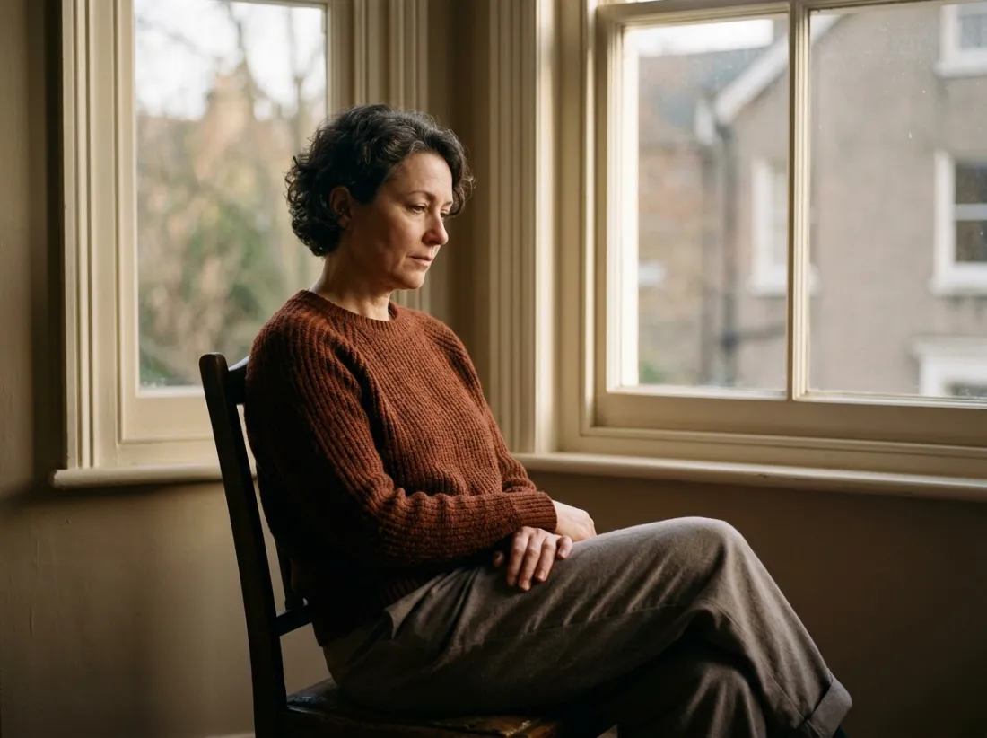 A woman seated by a window in soft natural light, turned quietly inward