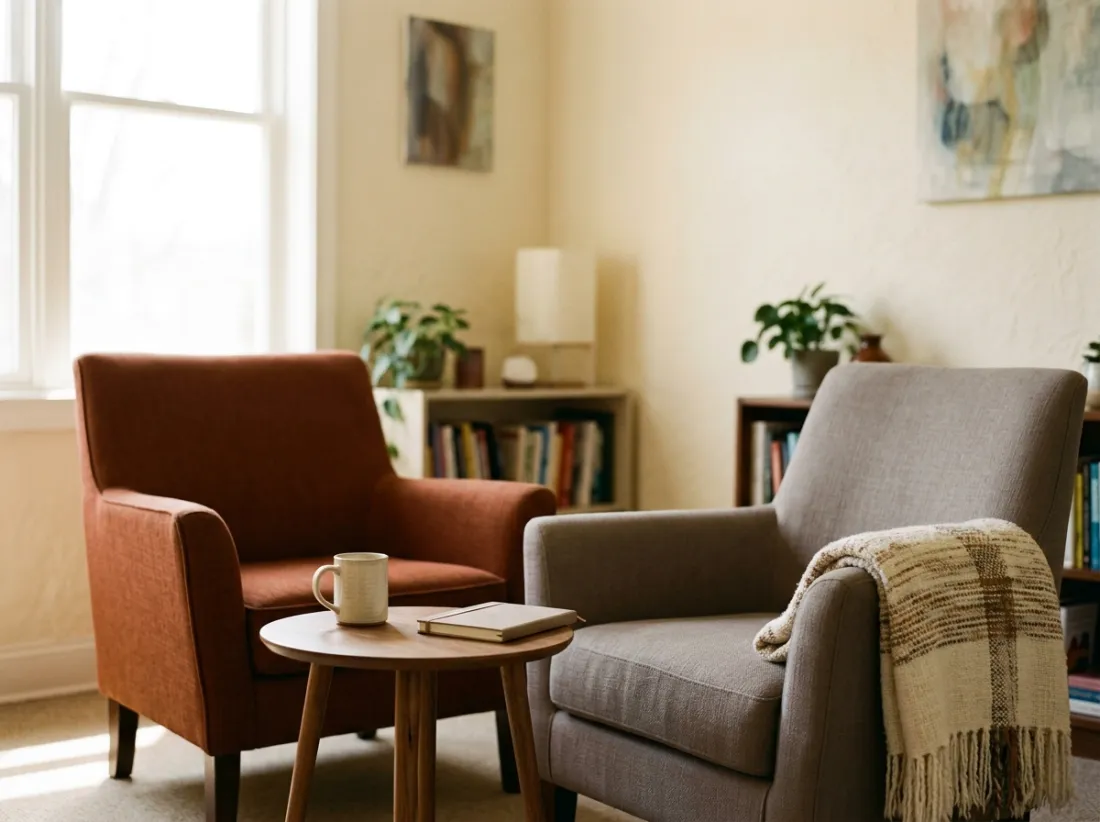 Two warm chairs angled toward each other beside a window, set for an EMDR session